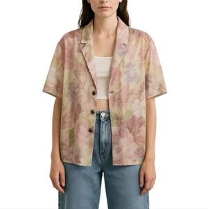 Vintage pink lilac green sheer floral short sleeve shawl collar blouse jacket